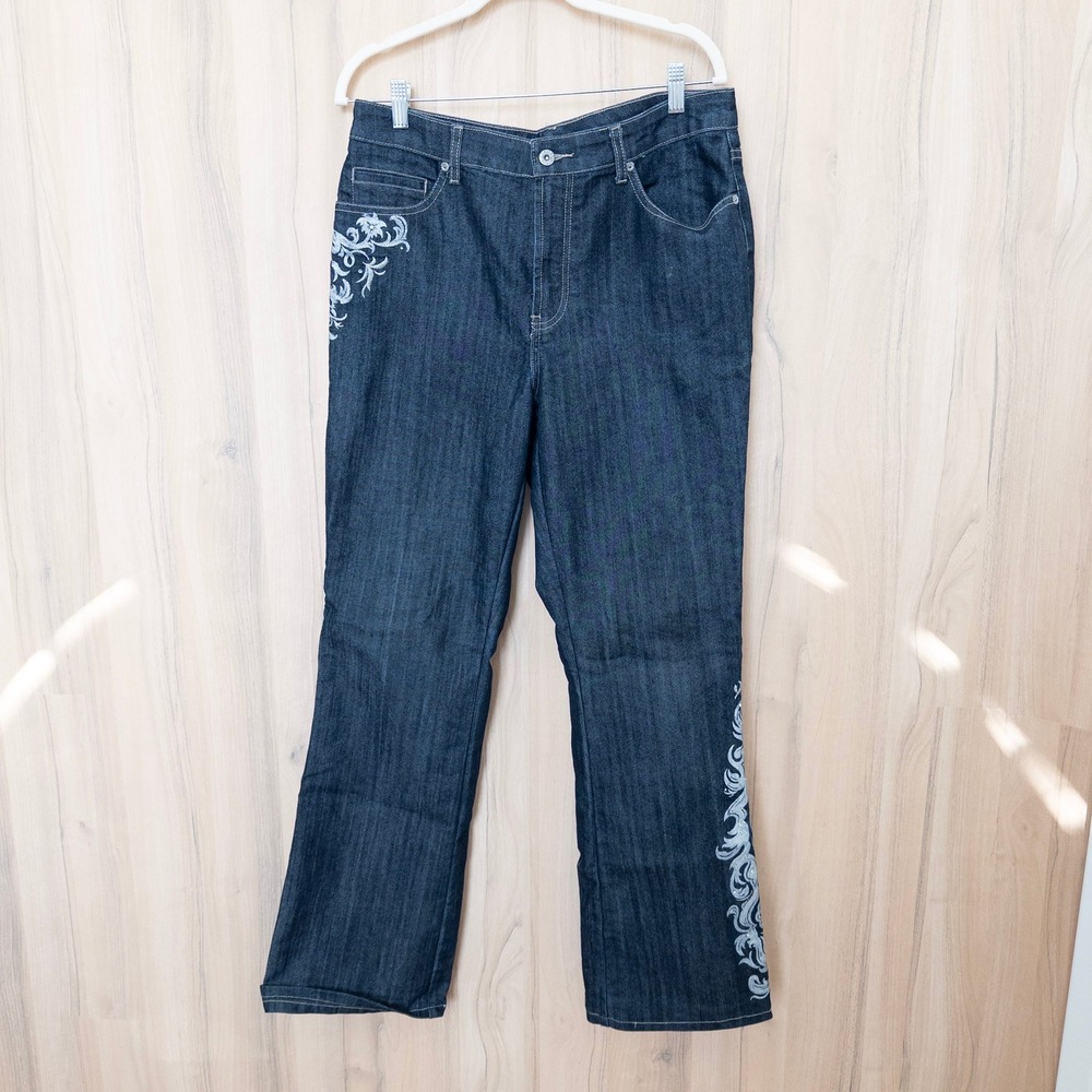 Chico's Platinum Women Jeans Size 2 Blue Dark Wash Embroidered Western Y2K
